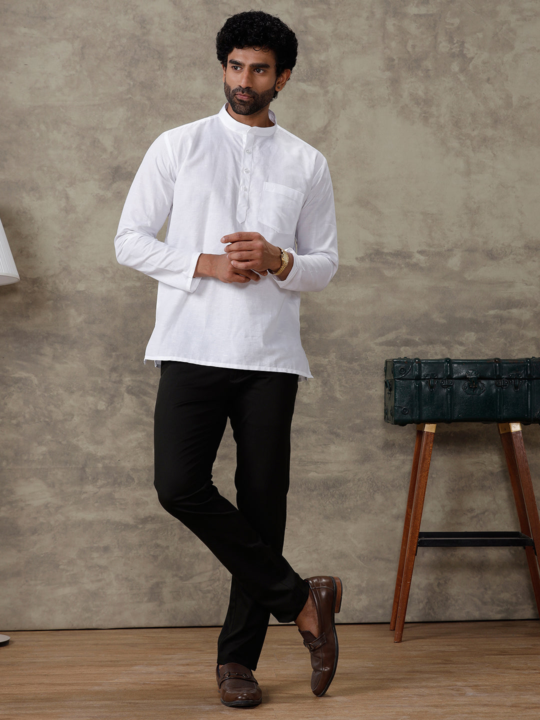 Men Linen Cotton Short Length Plain Pocket Kurta White MW1