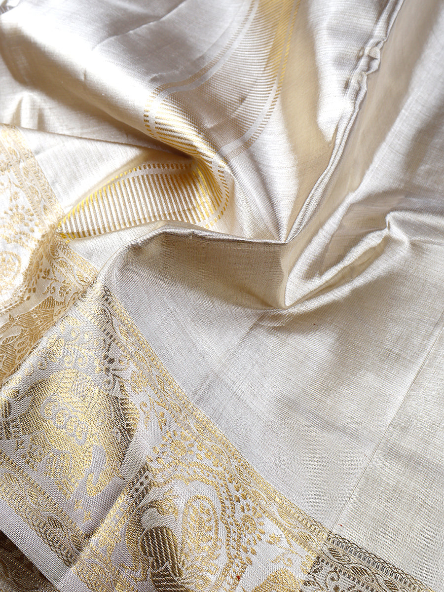 Premium Pure Silk Tissue Gold Dhoti With Angavastram 4" Jari Border Agarshanaa-Zoom view
