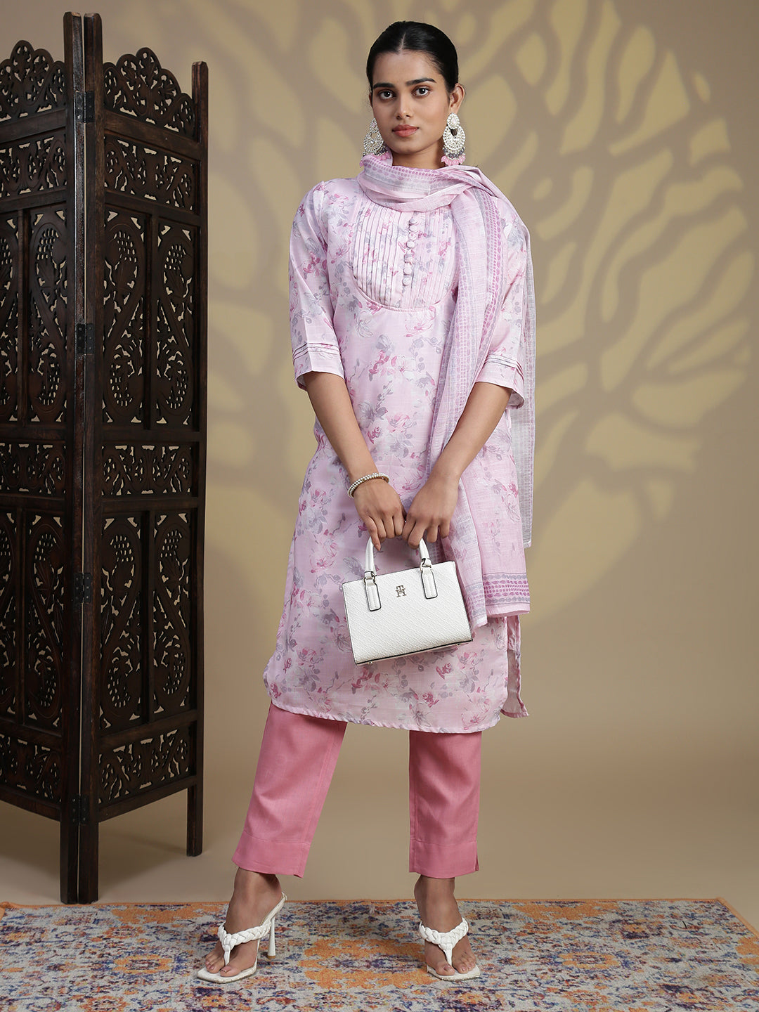 Women Semi Linen Printed Kurti Set Light Pink EKS93