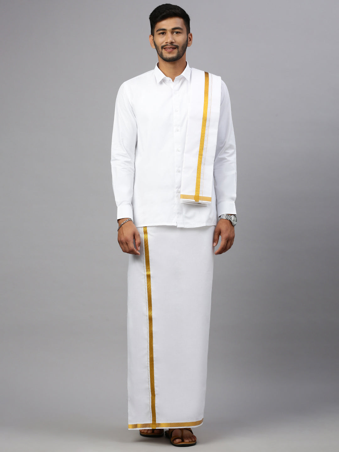 Premium White Full Sleeves Shirt with 3/4" Gold Jari Double Dhoti & Towel Combo