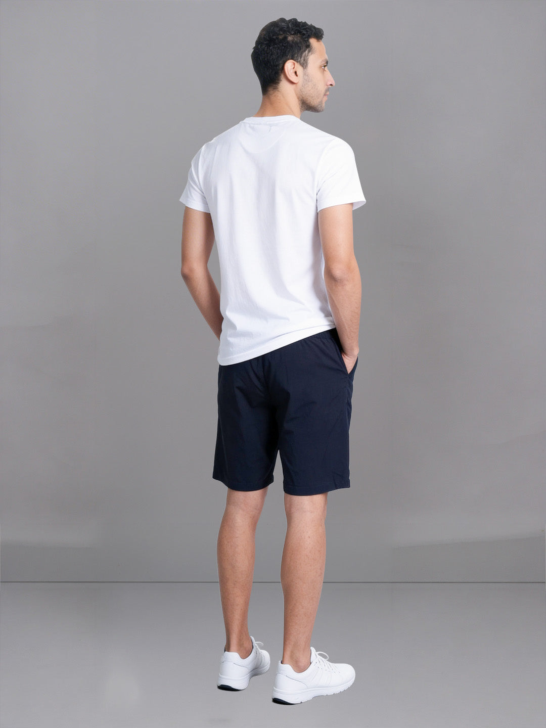 Men White Crew neck T-Shirt with Navy Shorts Combo ES2
