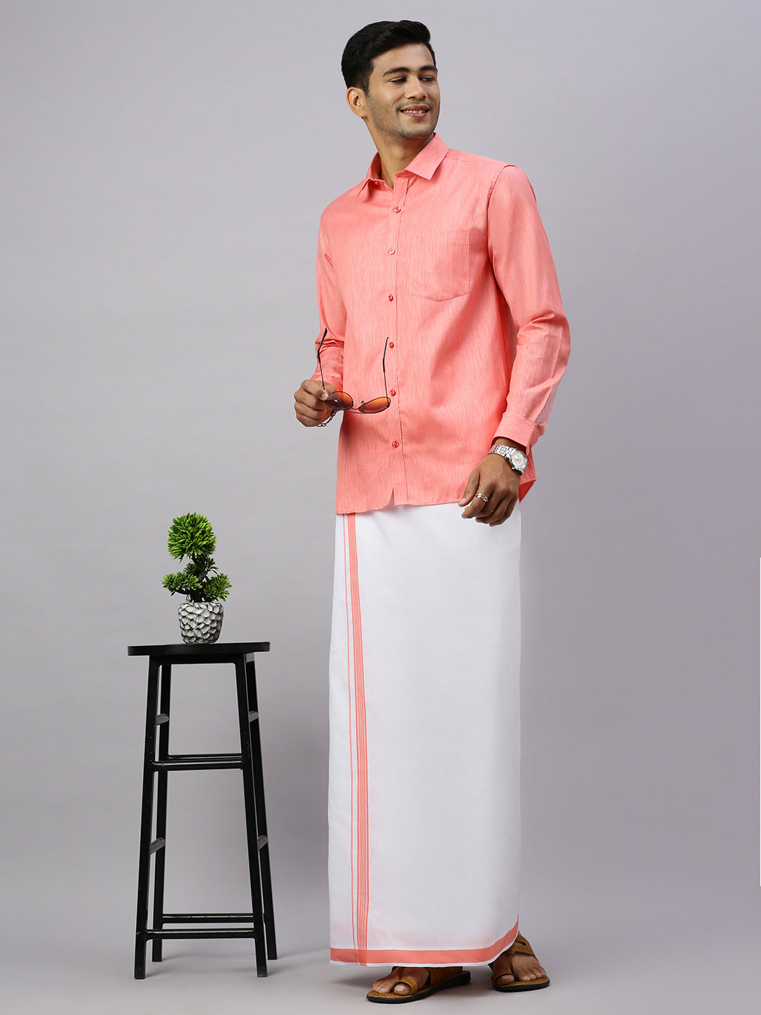 Mens Mandy Matching Border Dhoti & Full Sleeves Shirt Set CV1