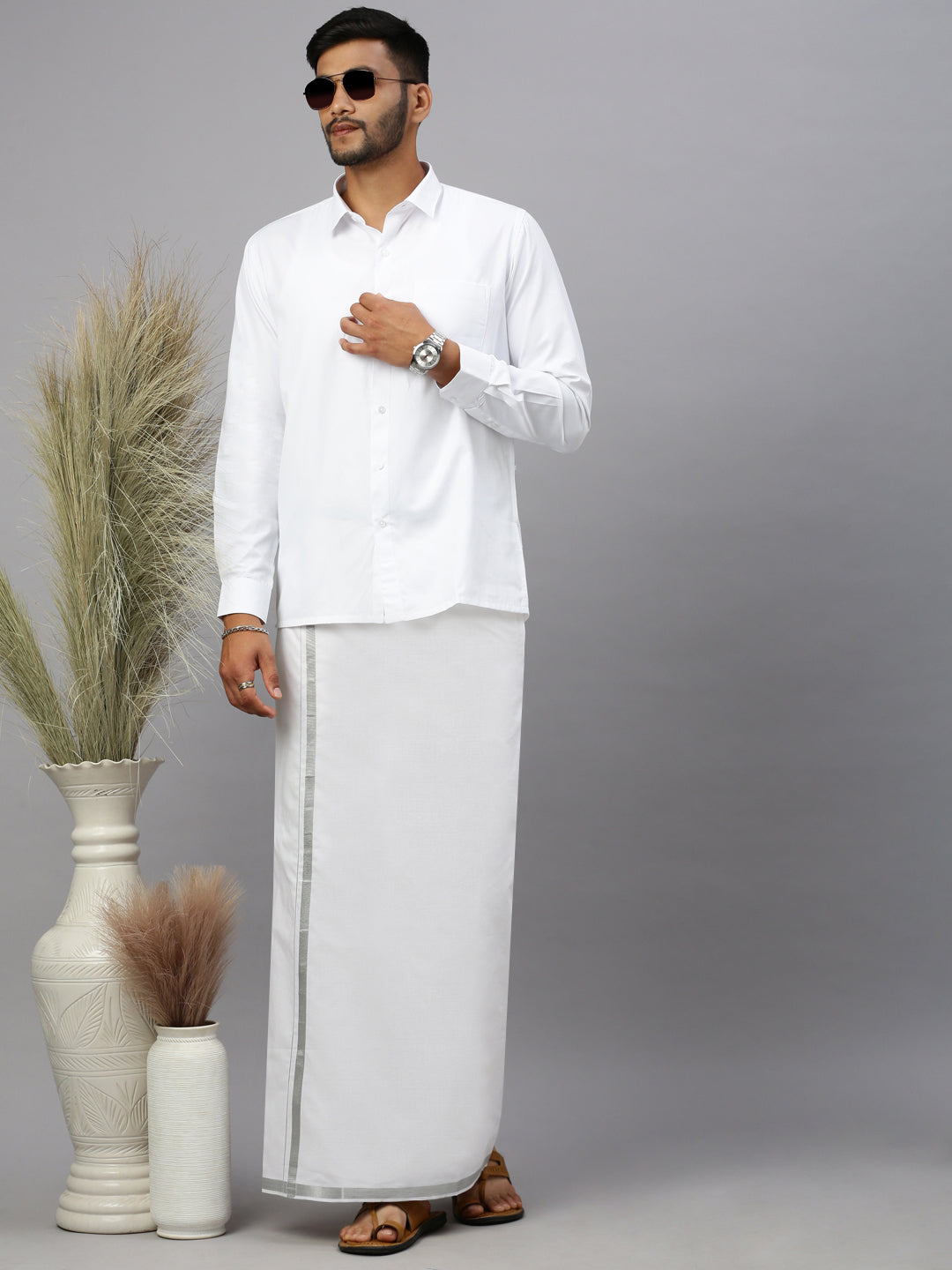 Men 100% Cotton Double Layer White Dhoti with 1"Jari Border Silver Earth
