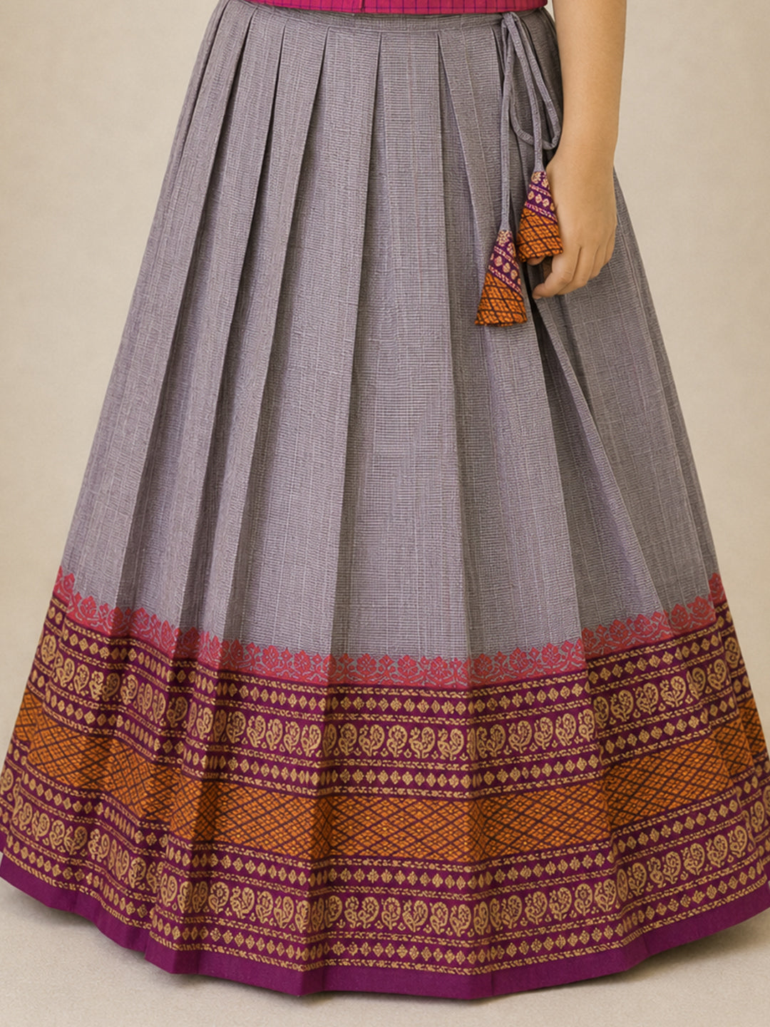 Girls Cotton Pink with Violet Pattu Pavadai Set GPS50