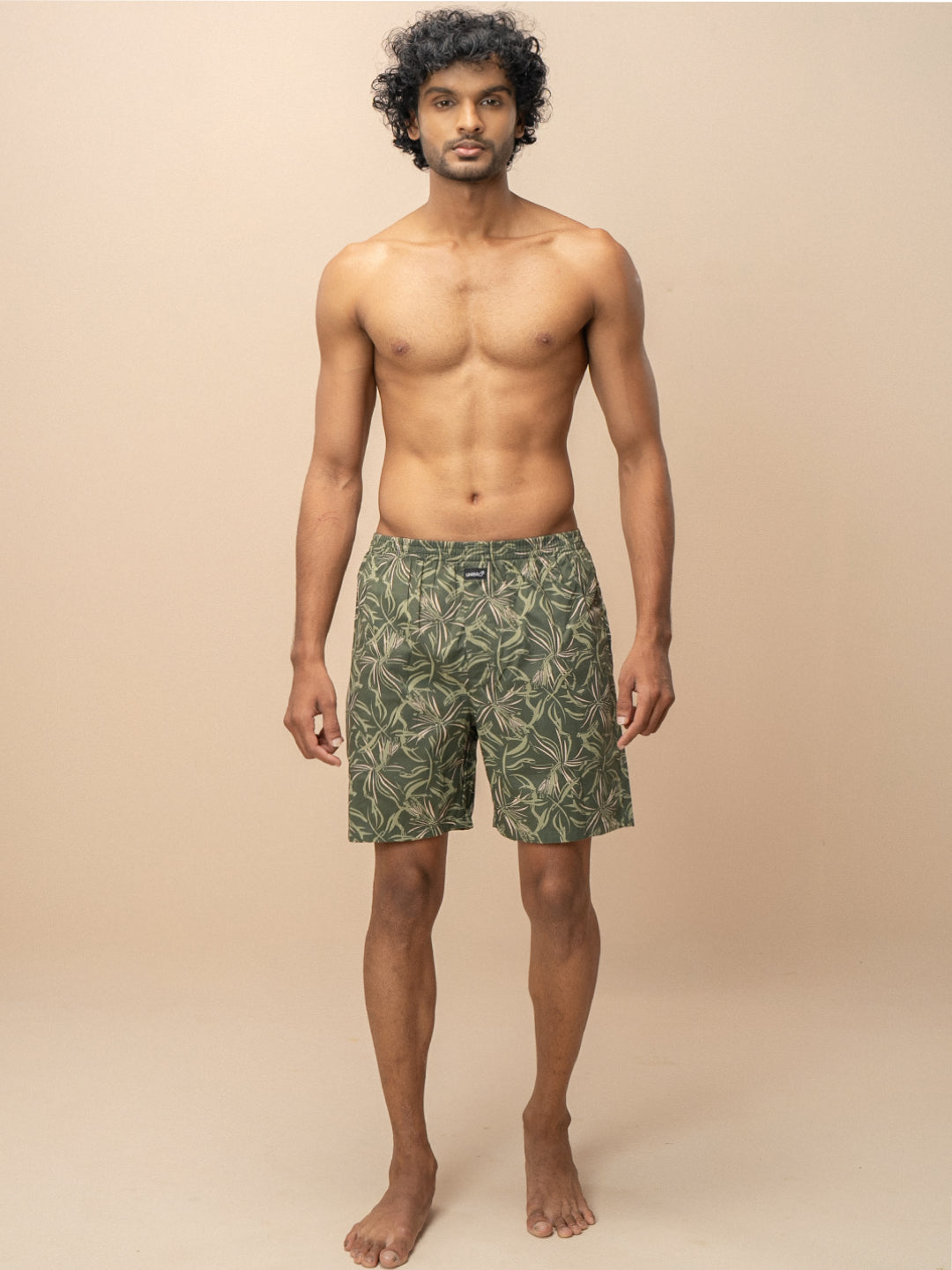 Men 100% Combed Cotton Olive Green Woven Printed Boxer Long Shorts WB54