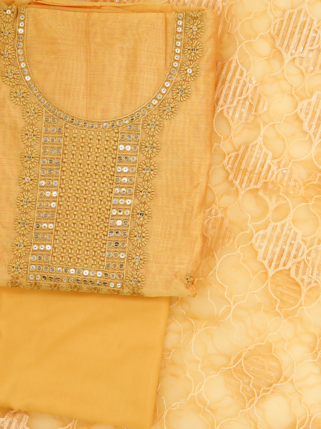 Women Semi Chanderi Embroidered Dress Material Golden Yellow DM361