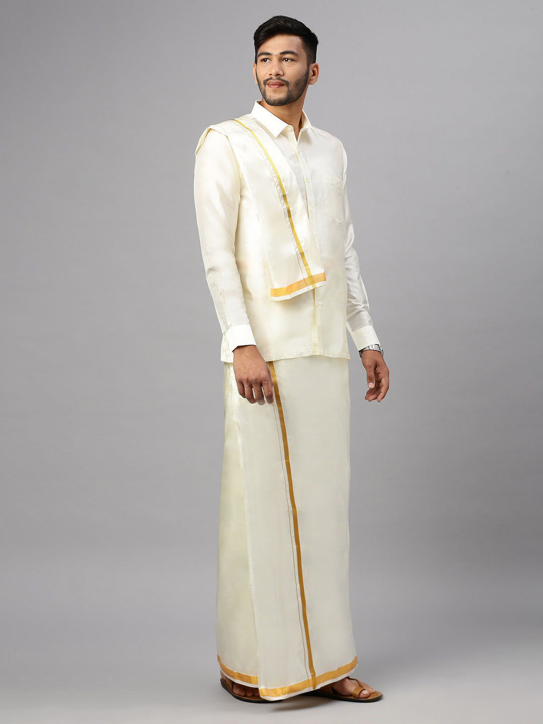 Men Readymade Cream Dhoti & Towel Set with Gold Jari Silk Plus