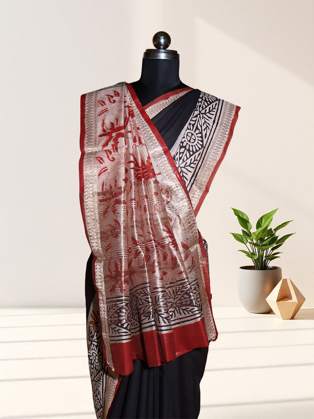 Women Black Semi Chanderi Cotton Printed Saree SC80