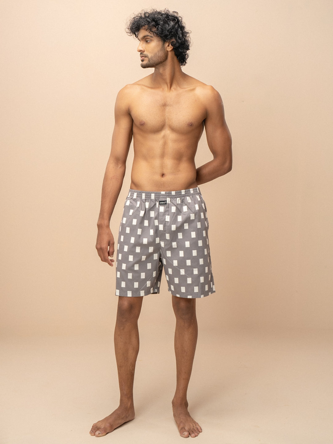 Men 100% Combed Cotton Grey Woven Printed Boxer Long Shorts WB47