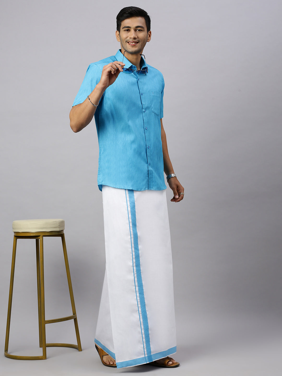 Men Eastern Blue Matching Border Dhoti & Half Sleeves Shirt Set CV5