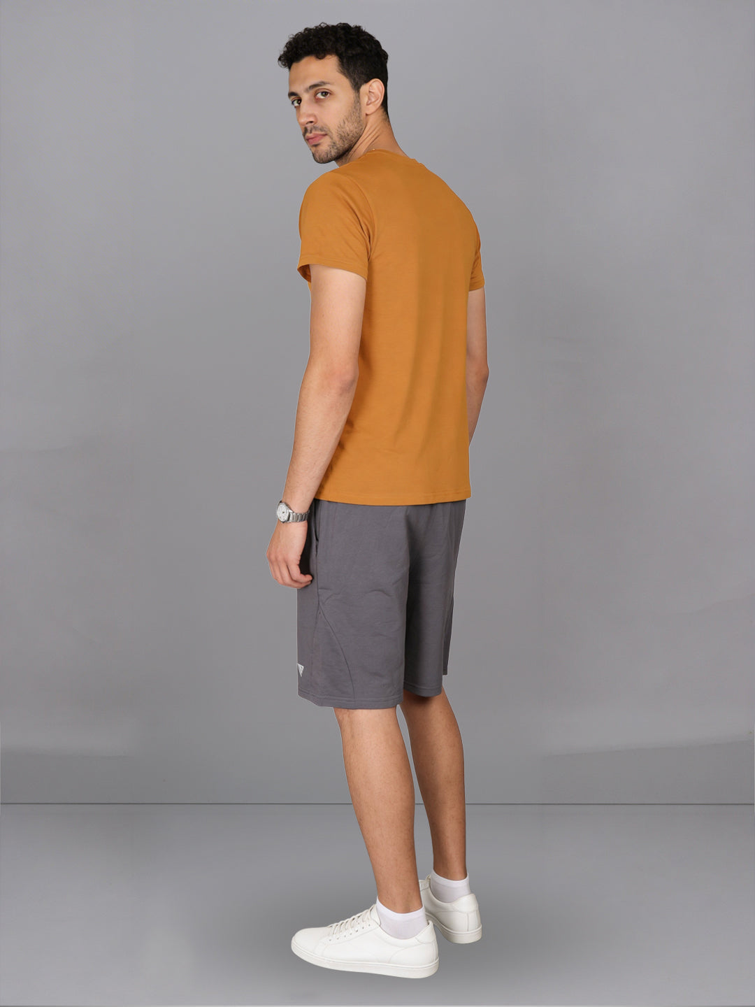 Men Mustard Crew neck T-Shirt with Grey Shorts Combo ES5