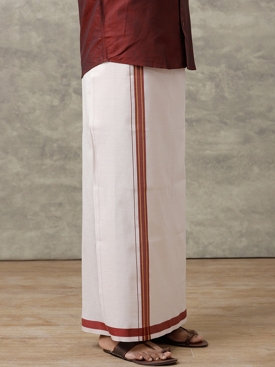 Men Cotton Blend Maroon Shirt and Tissue Dhoti Set VB7