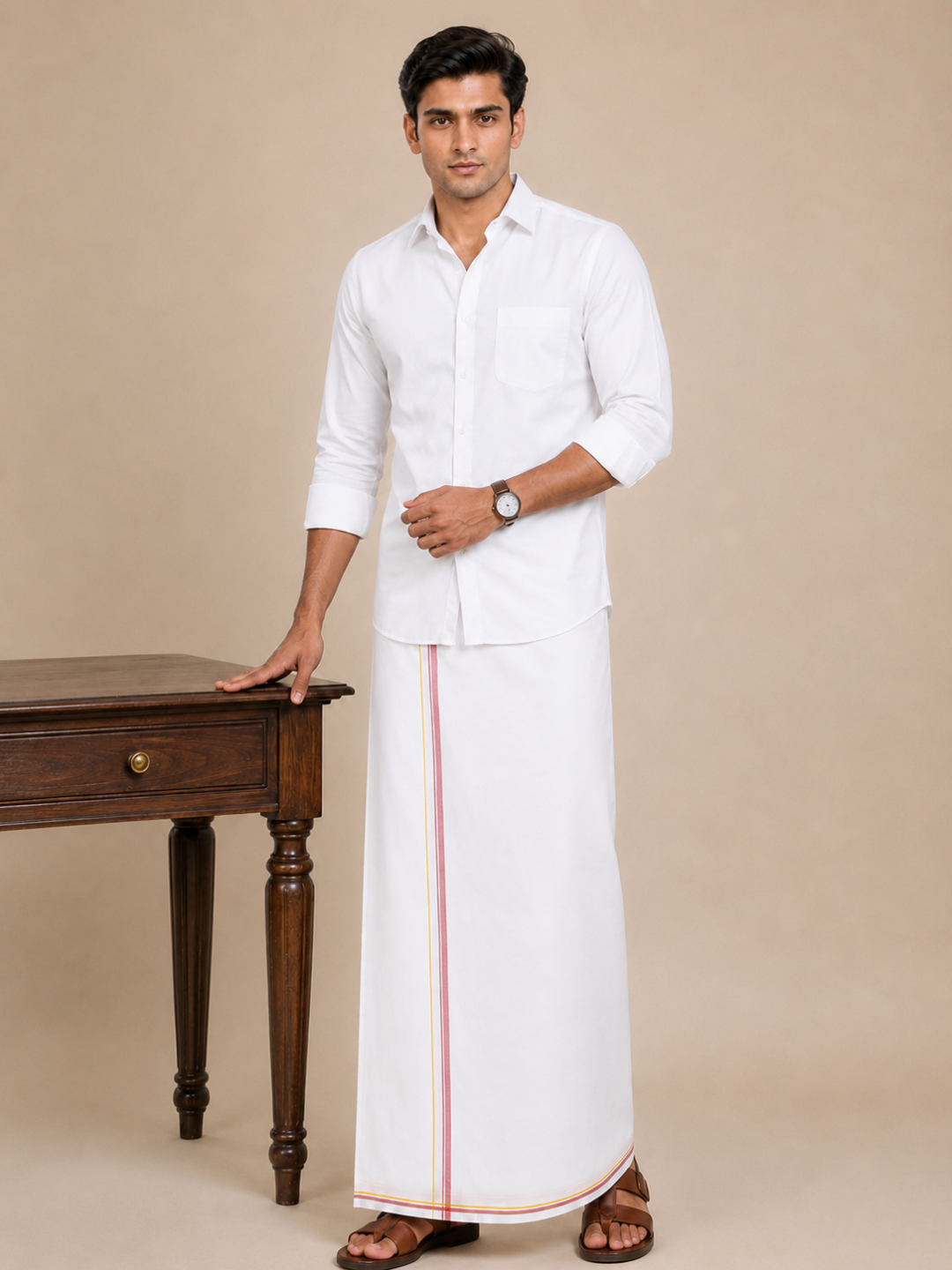 Men 100% Cotton Double Layer White Dhoti with Big Border Property PT01