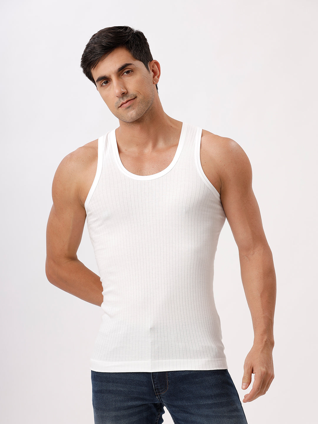 Men 100% Combed Cotton White Striped Vest RN Gaurav (Pack of 2)