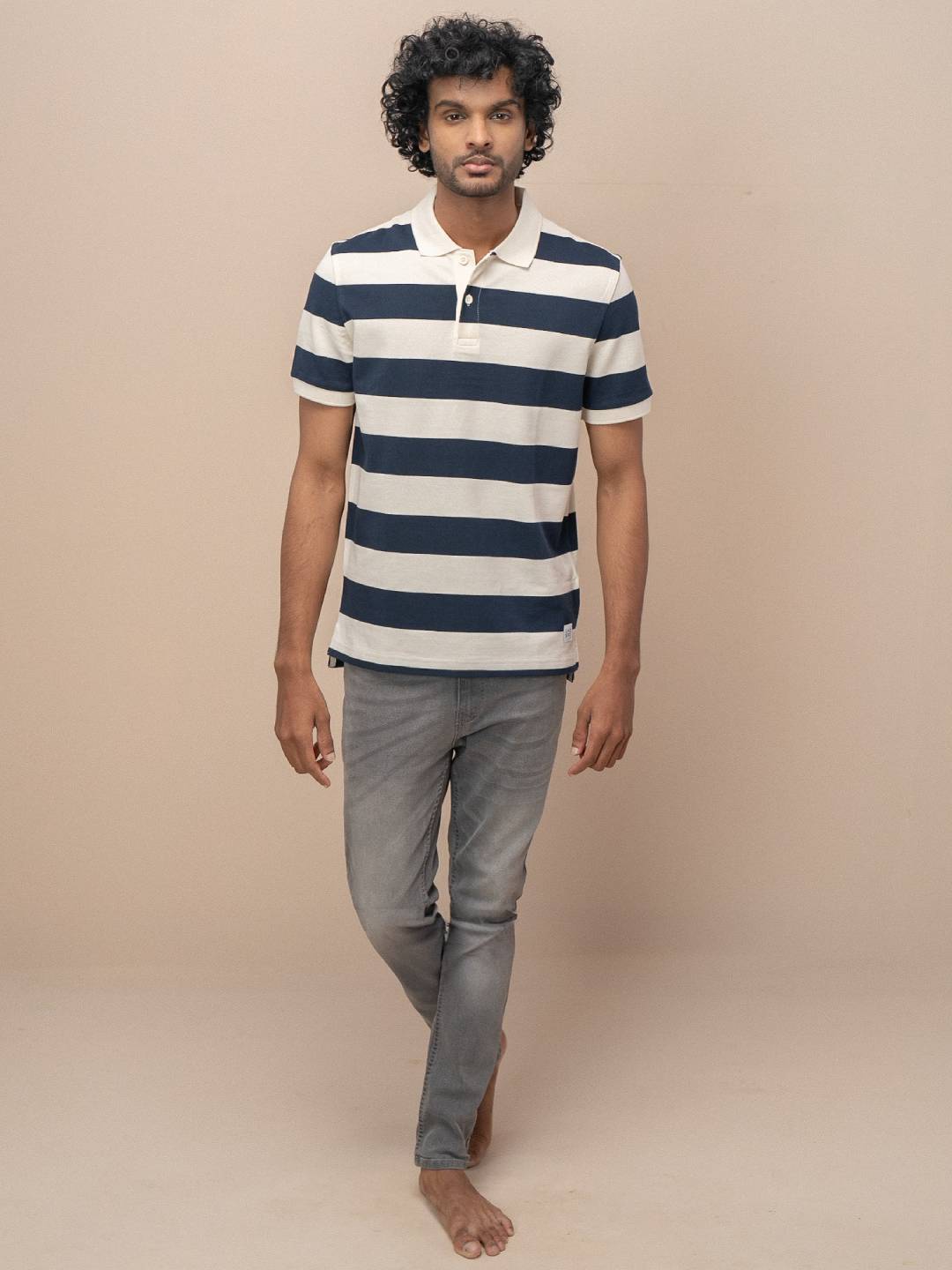 Men Smart Fit Engineered Polo T-Shirt OffWhite with Navy EN22