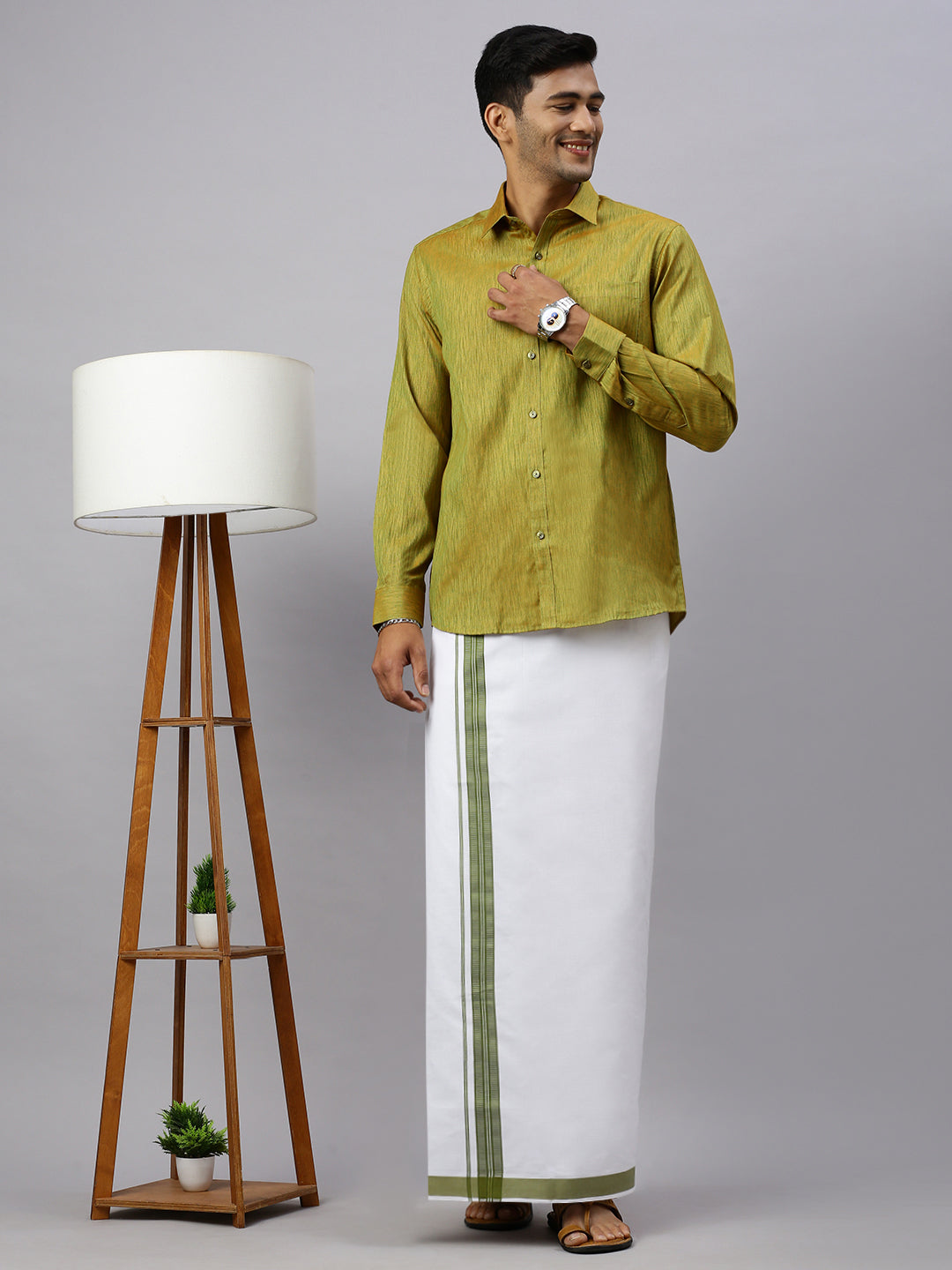 Men Bronze Olive Matching Border Dhoti & Full Sleeves Shirt Set CV8