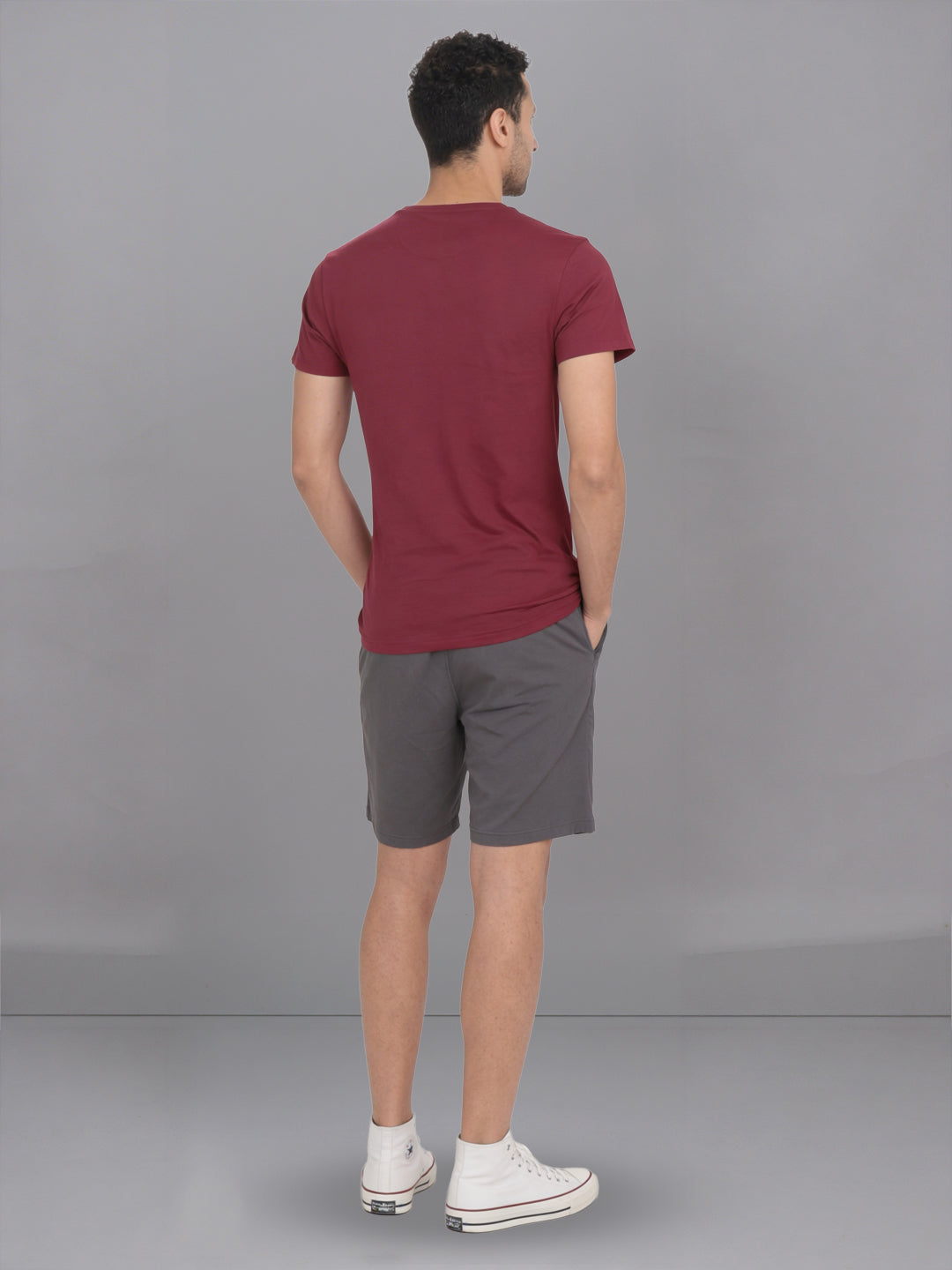 Men Burgandy Crew neck T-Shirt with Grey Shorts Combo ES5