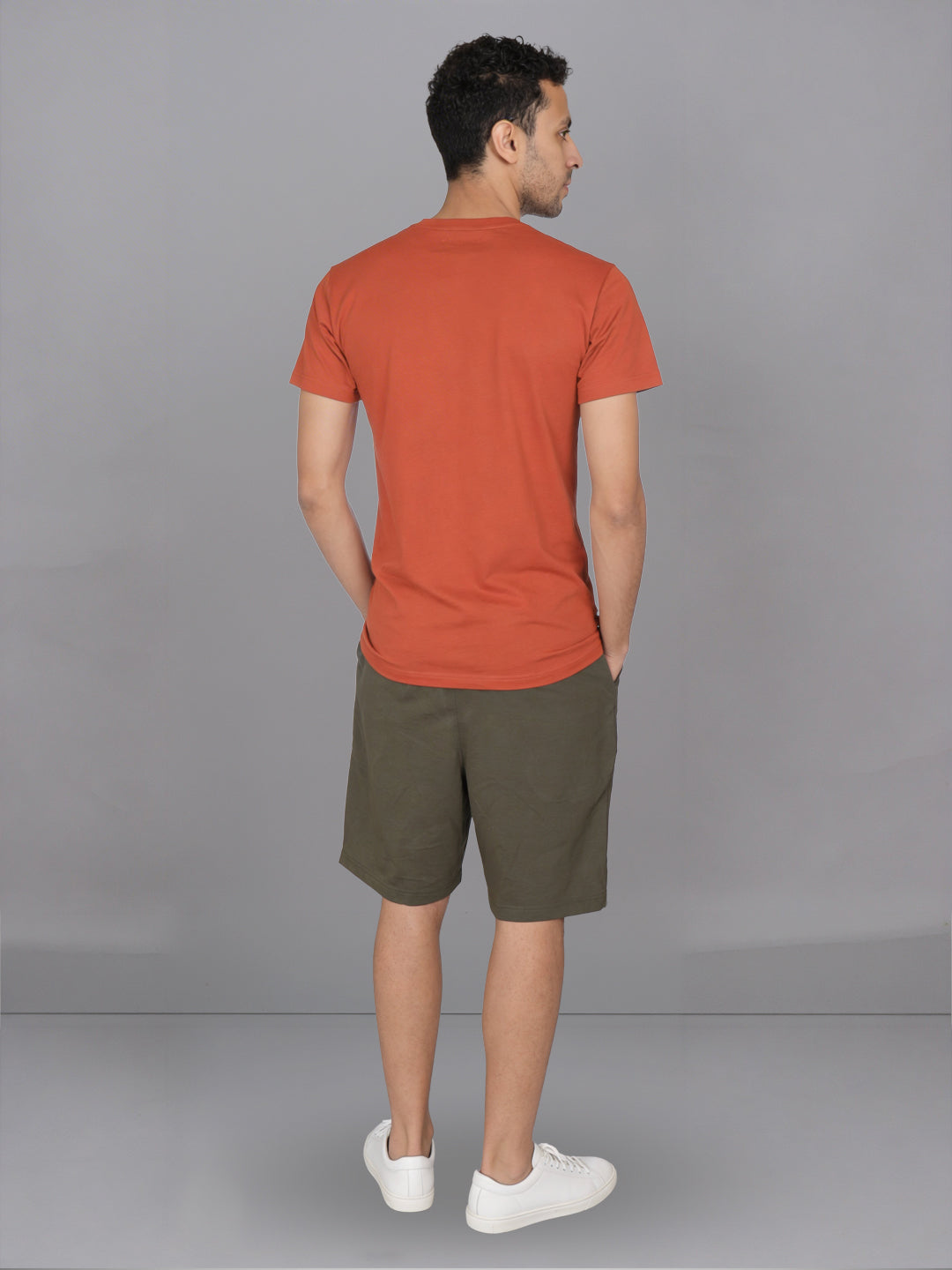 Men Orange Crew neck T-Shirt with Olive Green Shorts Combo ES7