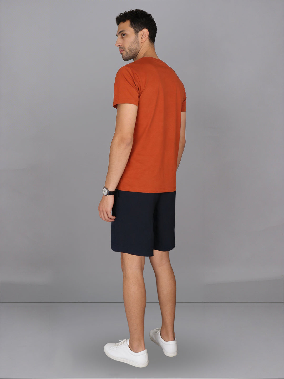 Men Orange Crew neck T-Shirt with Navy Shorts Combo ES2