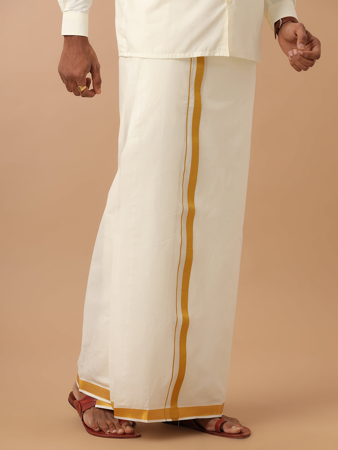 Men 100% Cotton Double Layer Cream Dhoti with 1" Gold Jari Border Daya