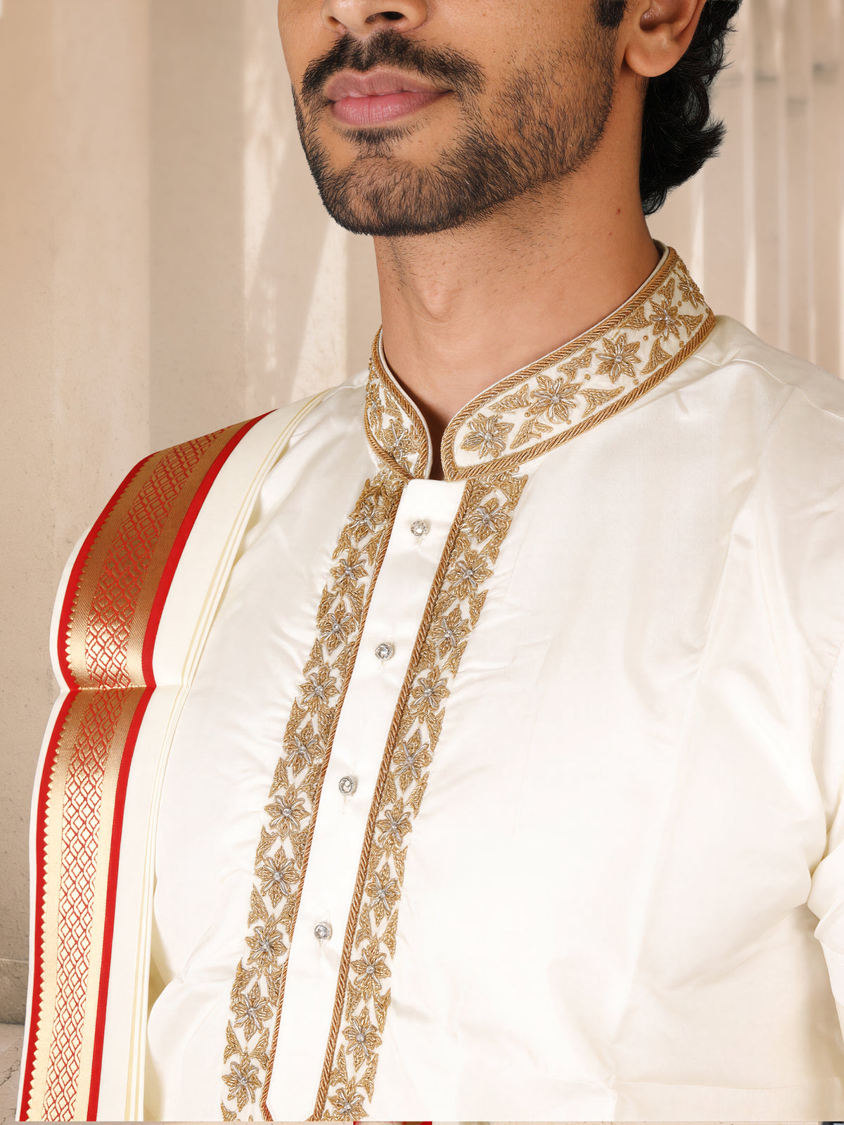 LAGNAA Premium Pure Silk Hand Embroidered Butterfly Motif Kurta, Panchakacham & Angavastram set with Banaras Red Border | Rathna Varman