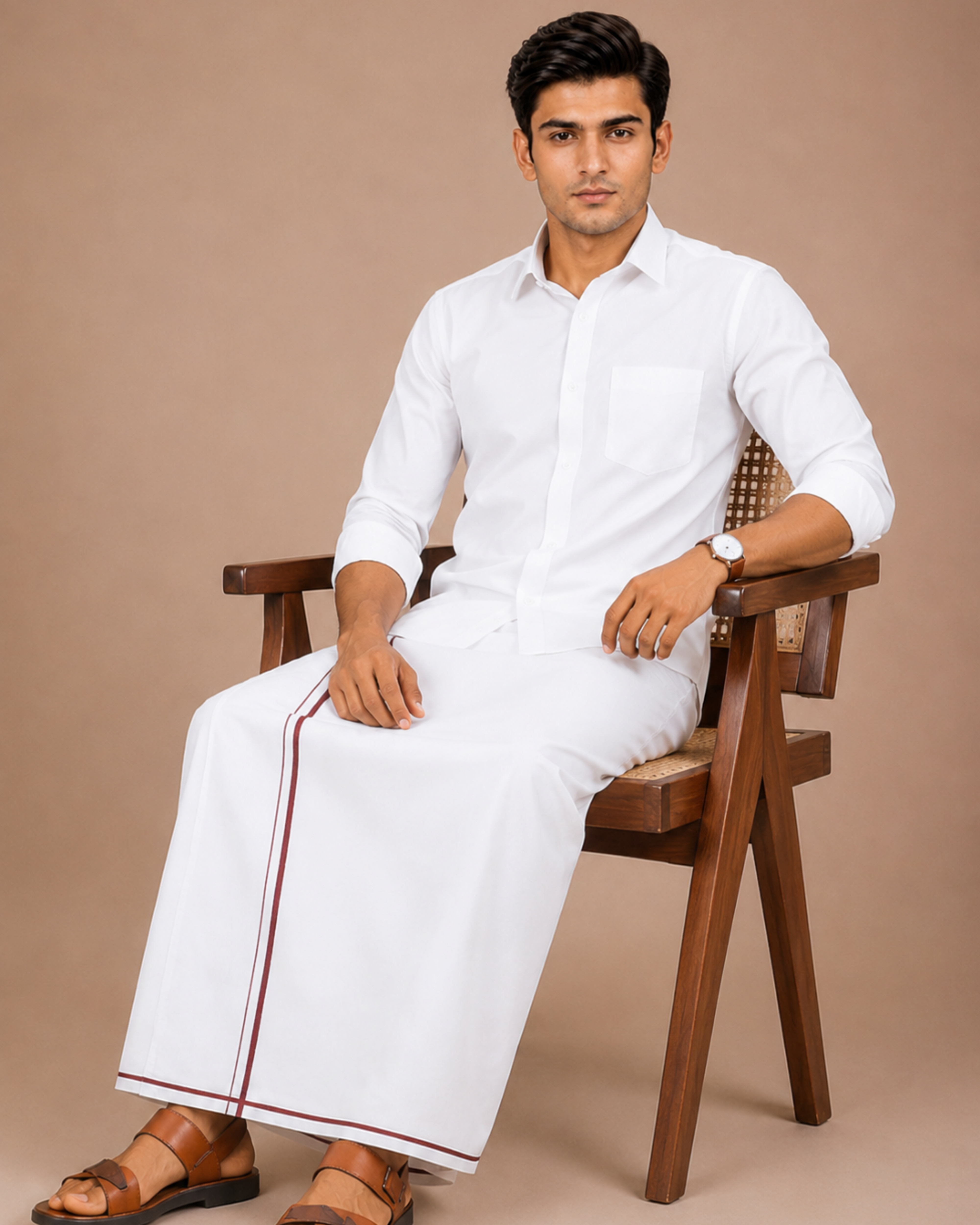 Men Cotton Blend Single Layer White Dhoti with Small Border Kiruba KB01