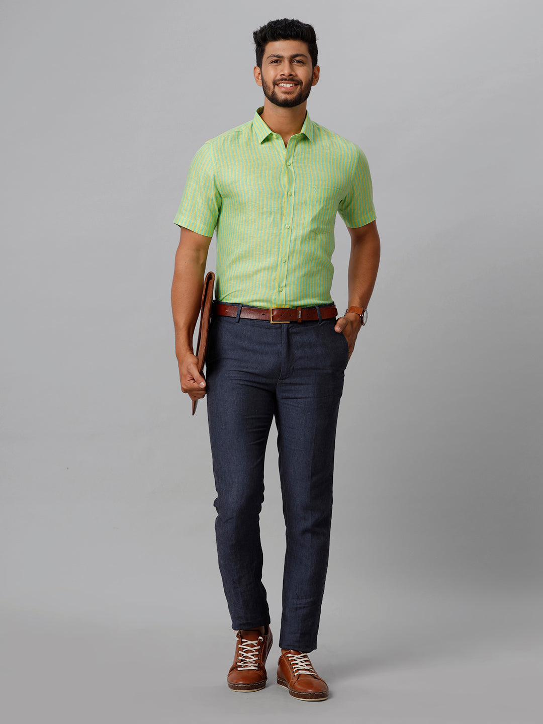 Mens Pure Linen Striped Half Sleeves Green & Yellow Shirt LS6-Full view