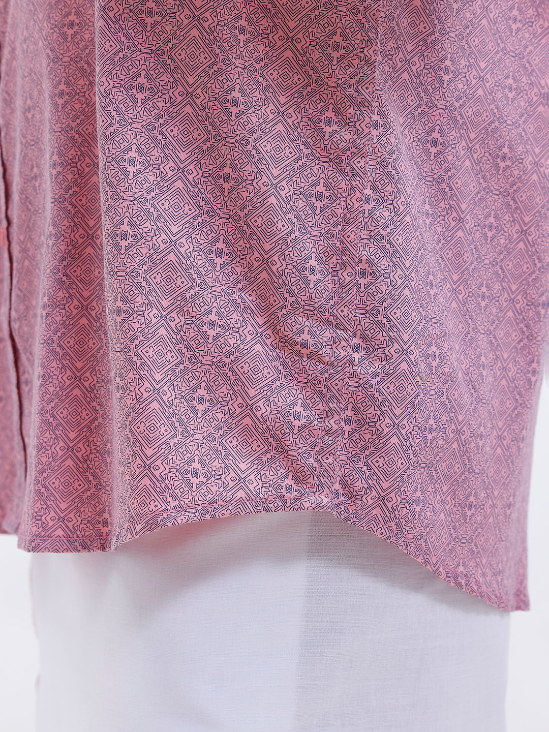 Men Soft Pink Matching Border Dhoti With Printed Shirt Set Fusion PS16