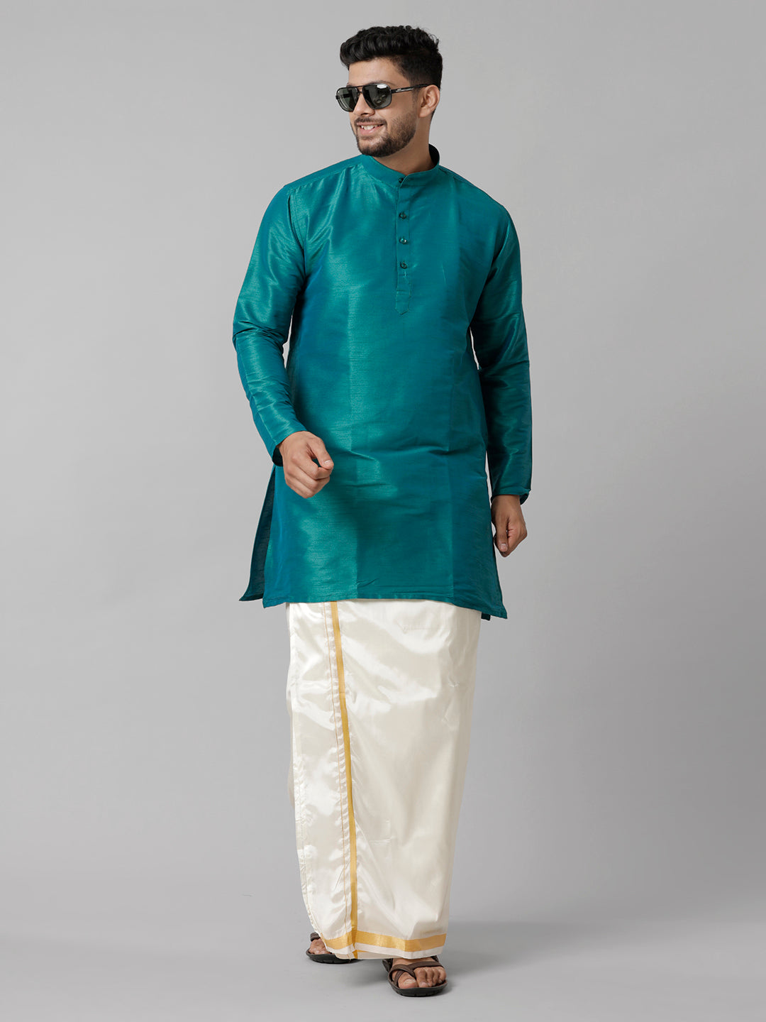 Mens Polyster Dark Green Medium Length Kurta with Art Silk Jari Dhoti Combo SL04-Front view