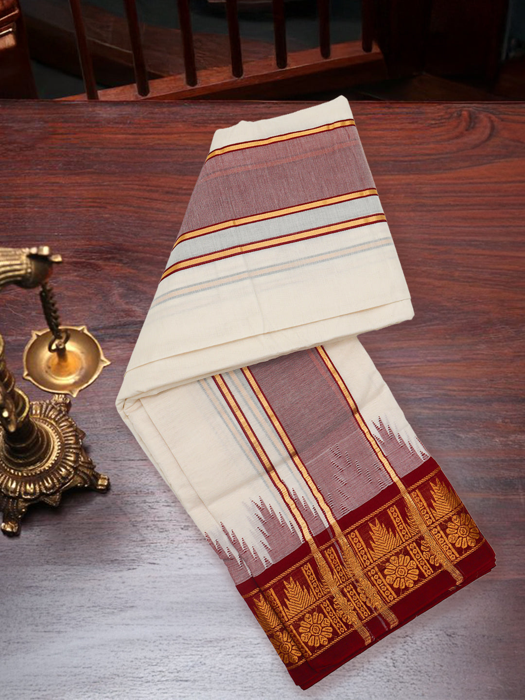 Men Kora Cotton Fancy Jari Border Panchakacham with Angavasthram (9+5) Seshachalam