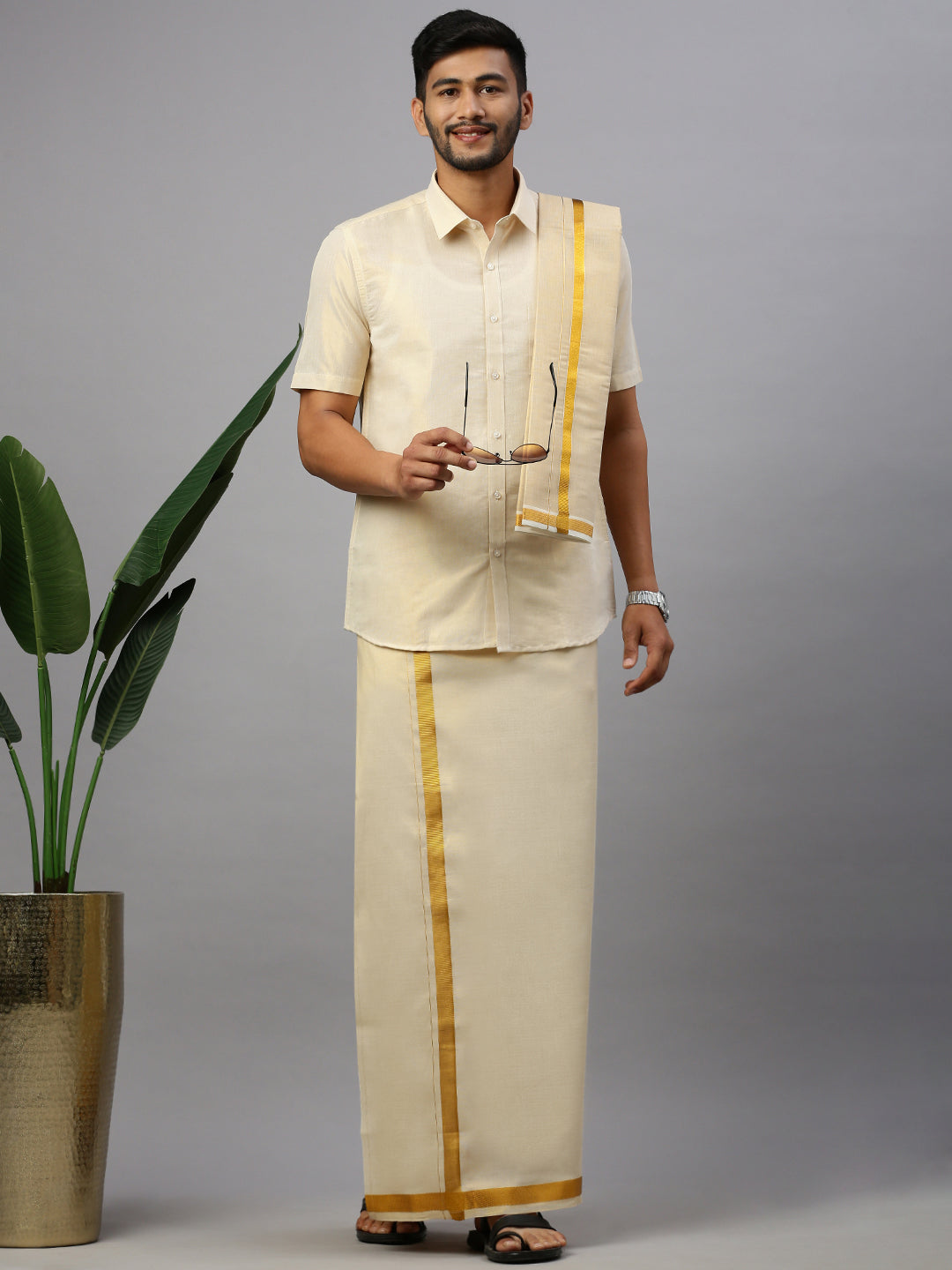 Men Tissue Gold Half Sleeve Shirt Jari Dhoti & Towel Set