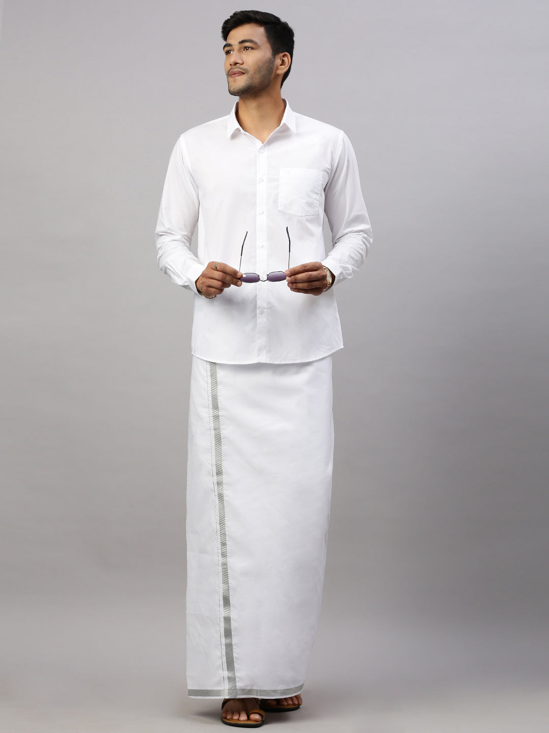 Men 100% Cotton Single Layer White Dhoti with 1" Silver Jari Border Shringar