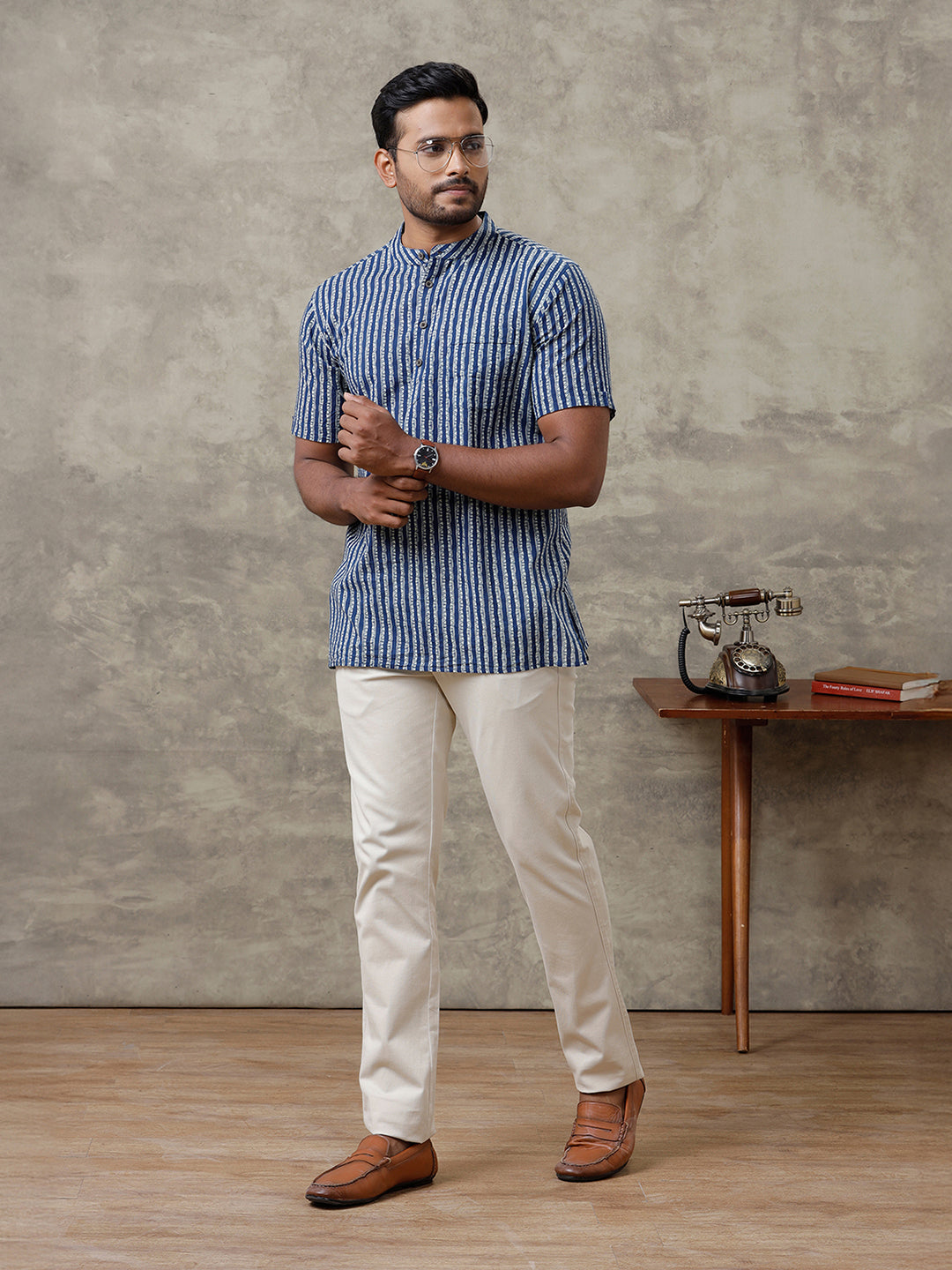 Men Cotton Short Length Striped Pocket Kurta Blue OE6