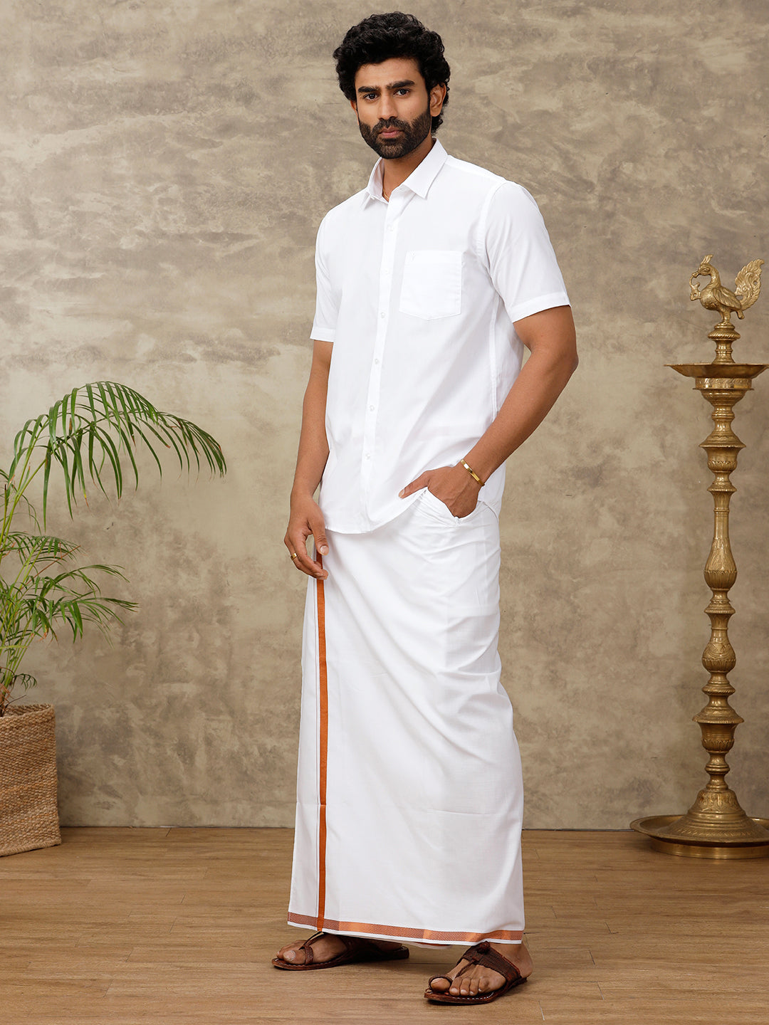 Men Cotton Blend Readymade Double Layer White Dhoti with Copper Jari Border