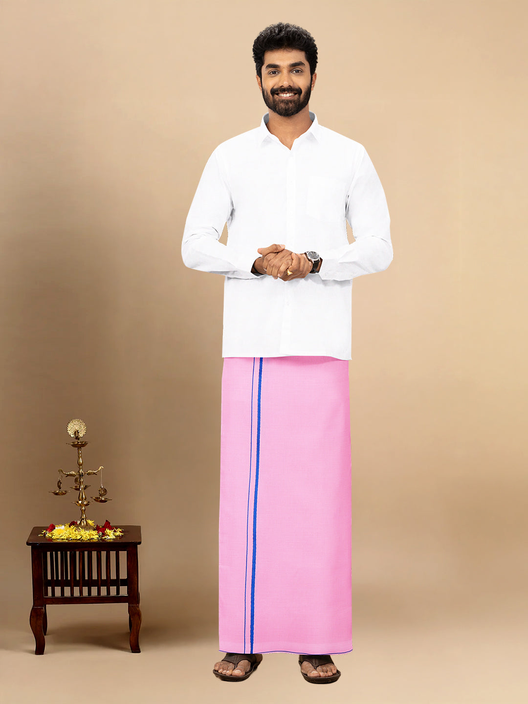 Men Cotton Blend Single Layer Pink Dhoti with Assorted Border Astra