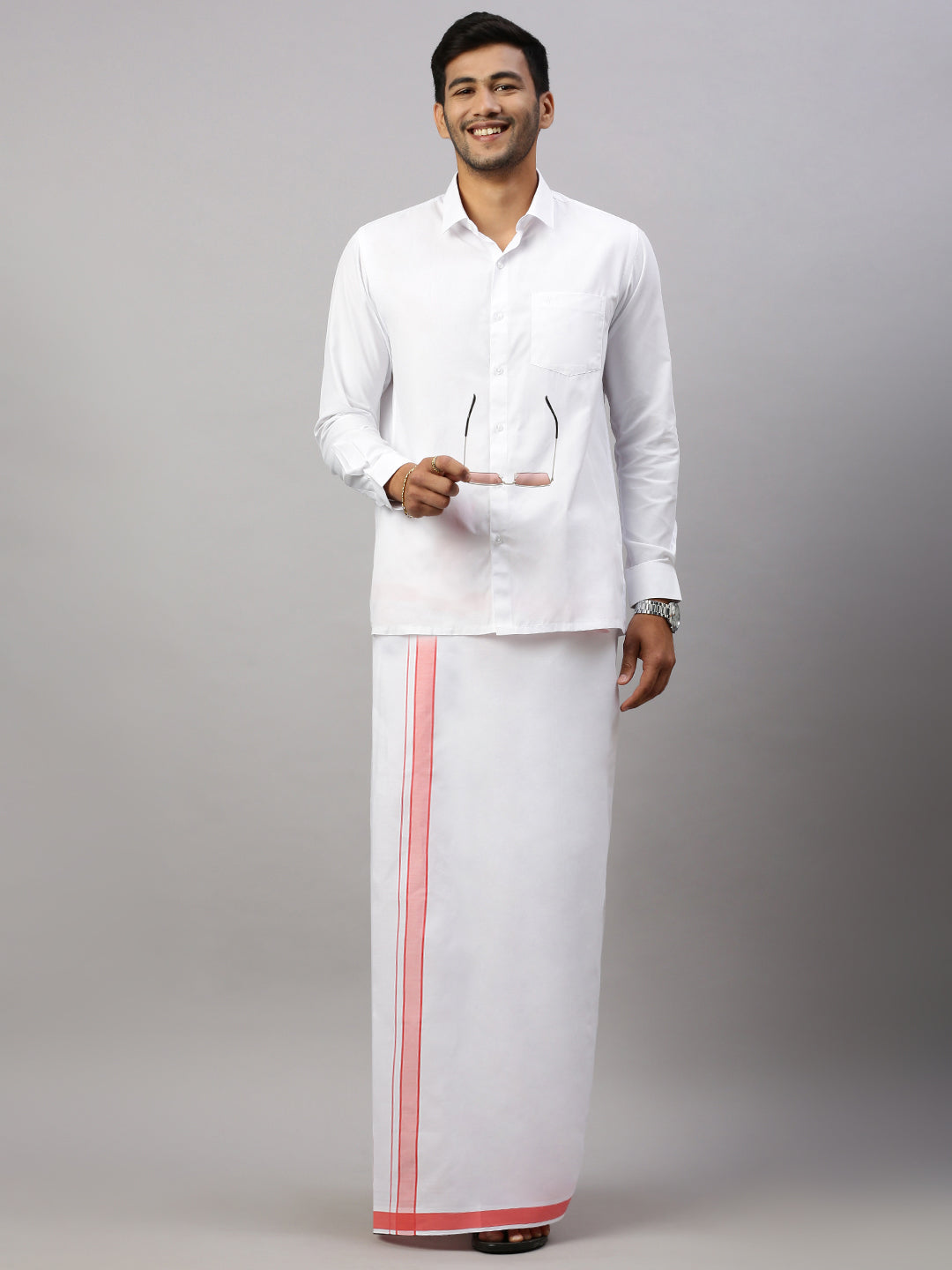 Men Cotton Blend Single Layer White Dhoti with Fancy Border WP09
