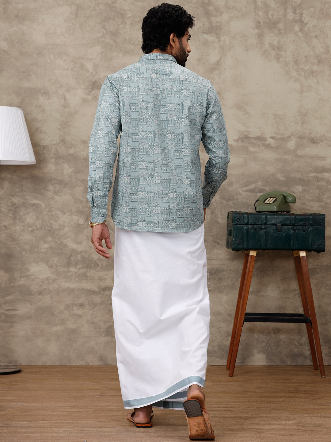 Men Slate Green Matching Border Dhoti with Printed Shirt Set Fusion PS3