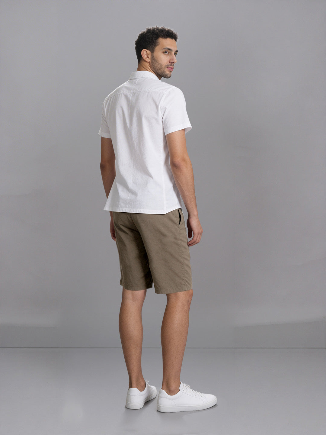 Men White Crew neck T-Shirt with Taupe Shorts Combo ES9