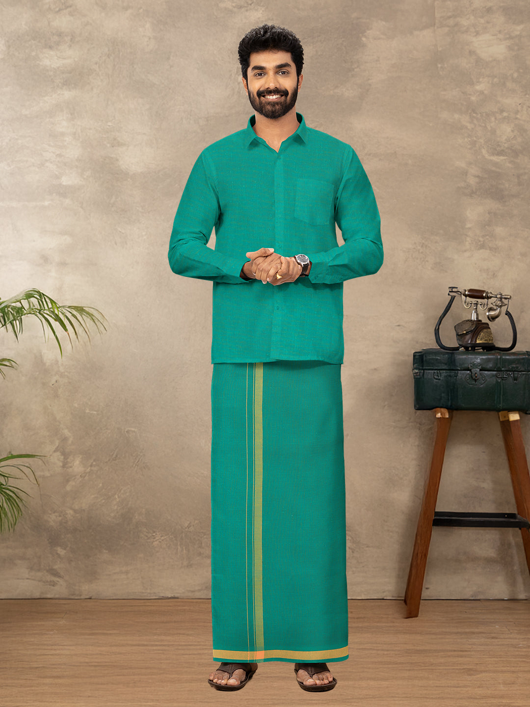 Men Cotton Blend Single Layer Green Dhoti with Fancy Border Enrich Colour 2