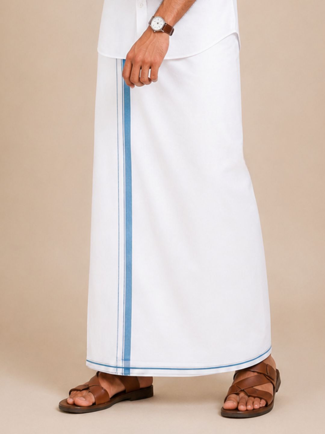 Men 100% Cotton Double Layer White Dhoti with Small Border Wisdom W01