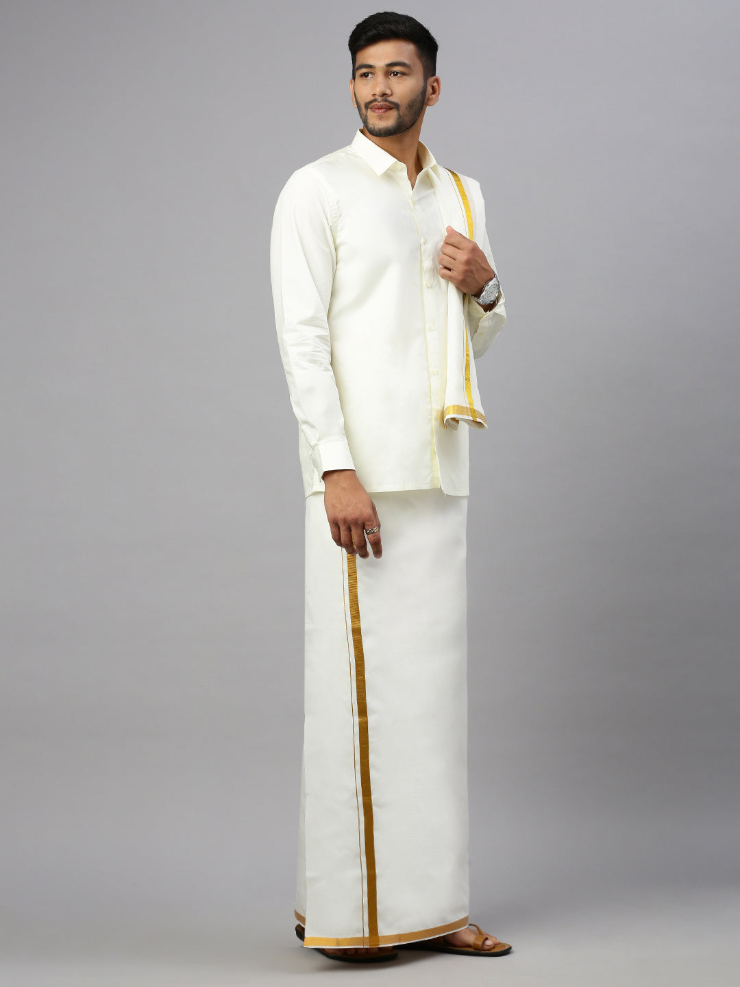 Men Cream with 1" inch Gold jari Border Dhoti Shirt & Towel Set Subhakalyan