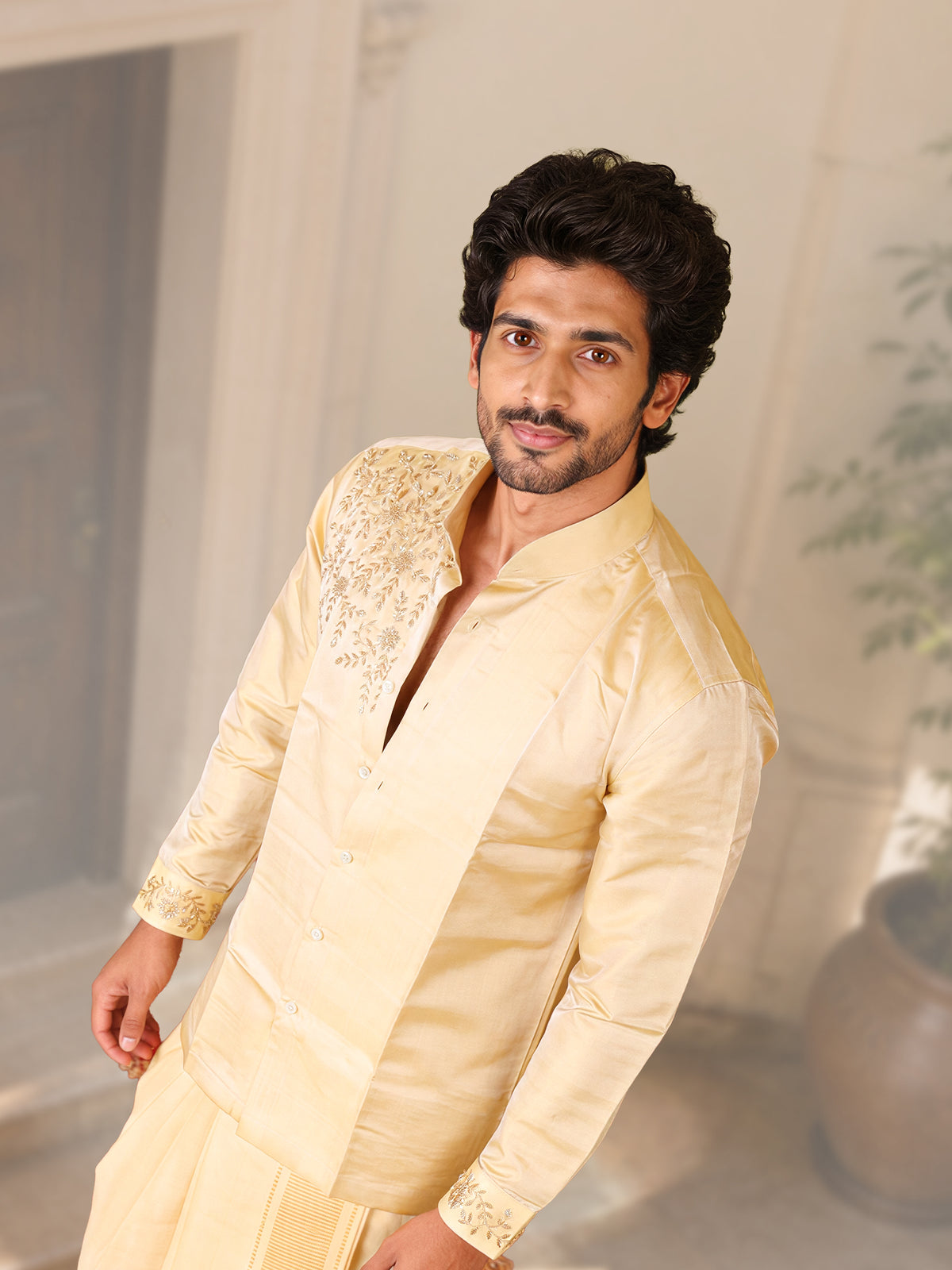 LAGNAA Premium Pure Tussar Silk Hand Embroidered Grand Floral & Leaf Chest Motif Designer Shirt & Dhoti Set | Kanakastra