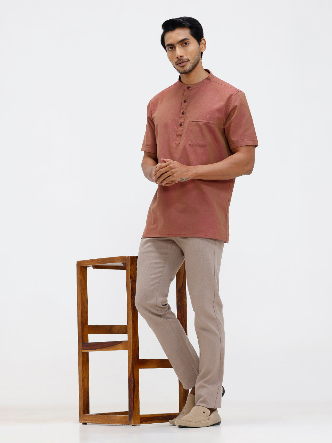 Men Cotton Short Length Plain Pocket Kurta Greenish Pink PC25