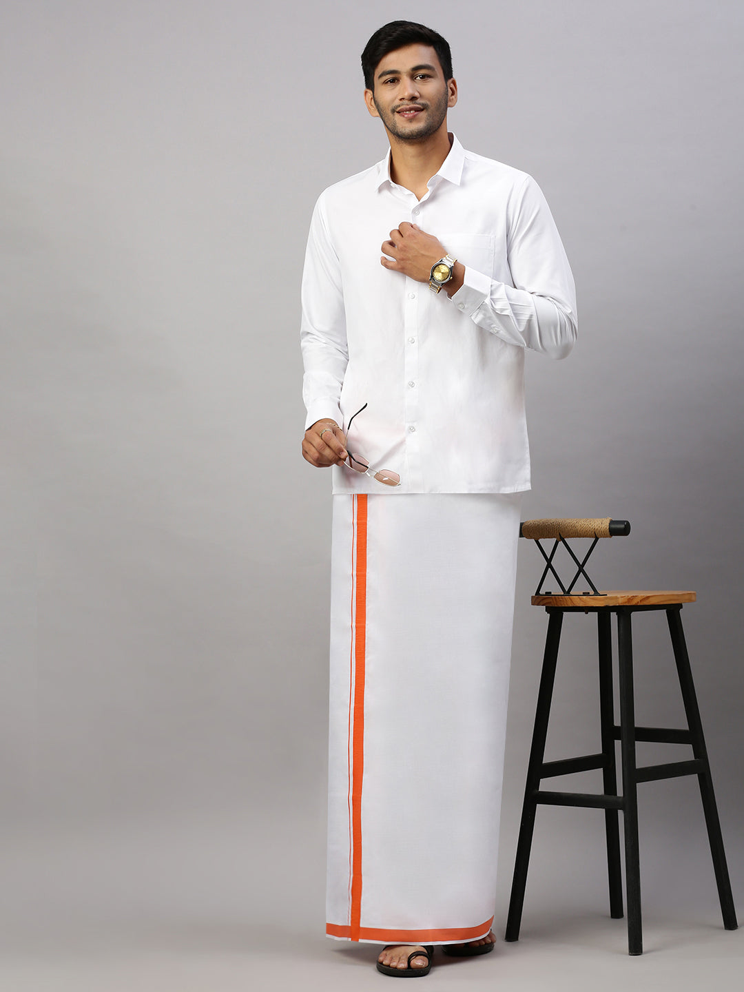 Men Cotton Blend Single Layer White Dhoti with Big Border WS12