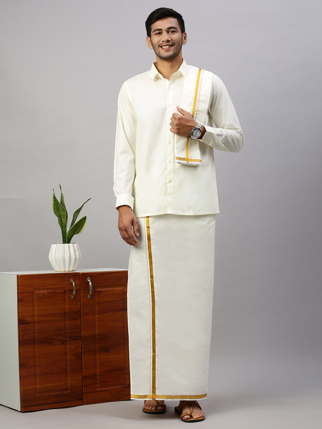 Mens Readymade Pocket Dhoti + Towel Set Cream with Gold Jari