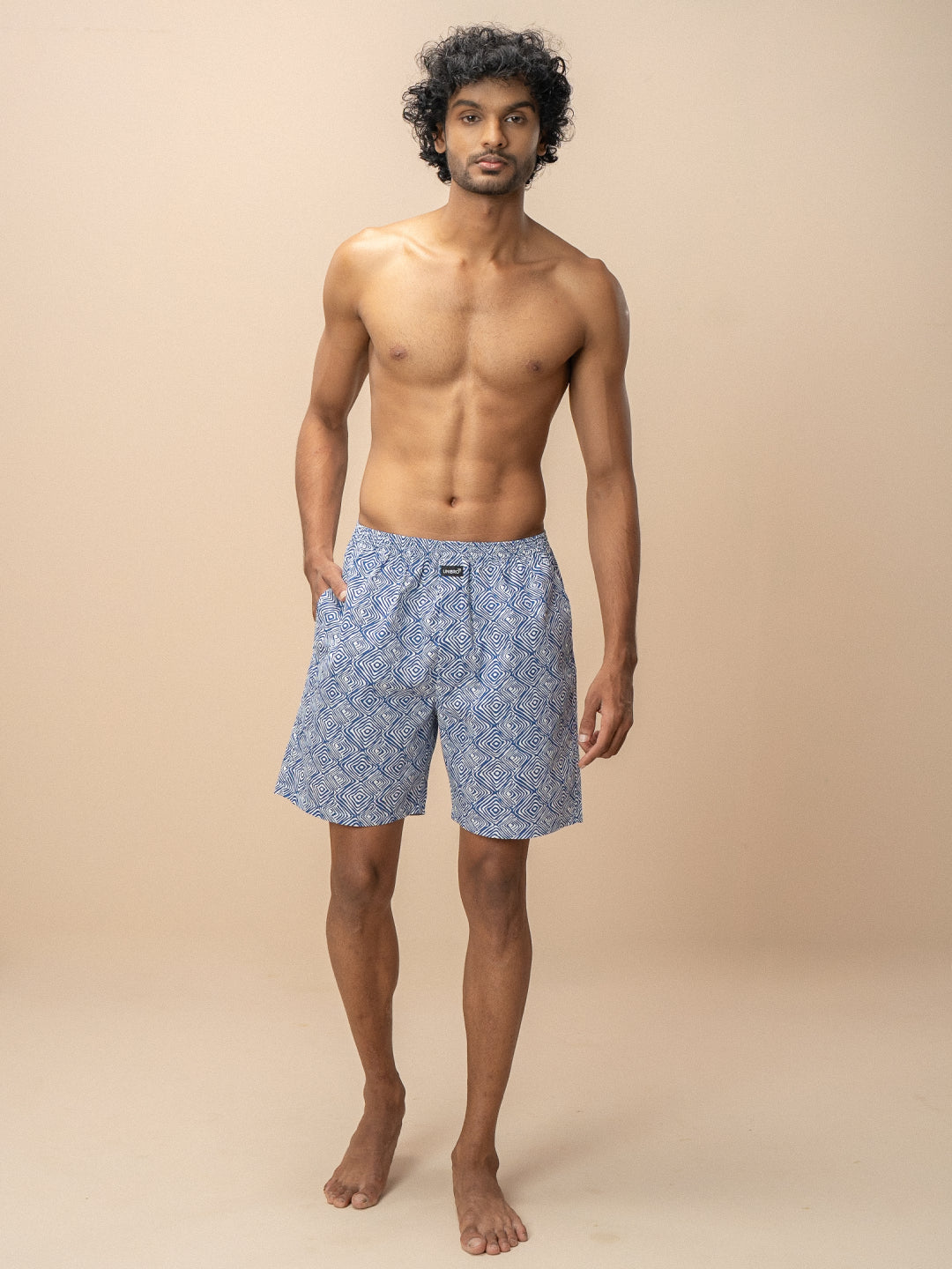 Men 100% Combed Cotton Blue Woven Printed Boxer Long Shorts WB51