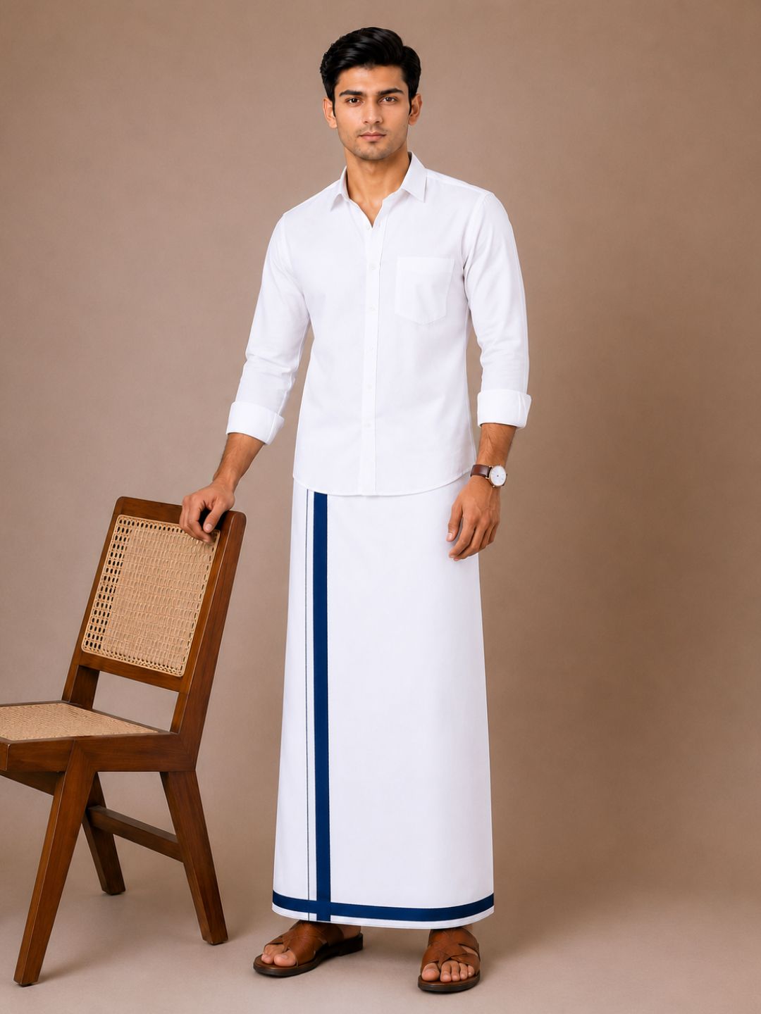 Men 100% Cotton Single Layer Small Border Dhoti Marina MR02