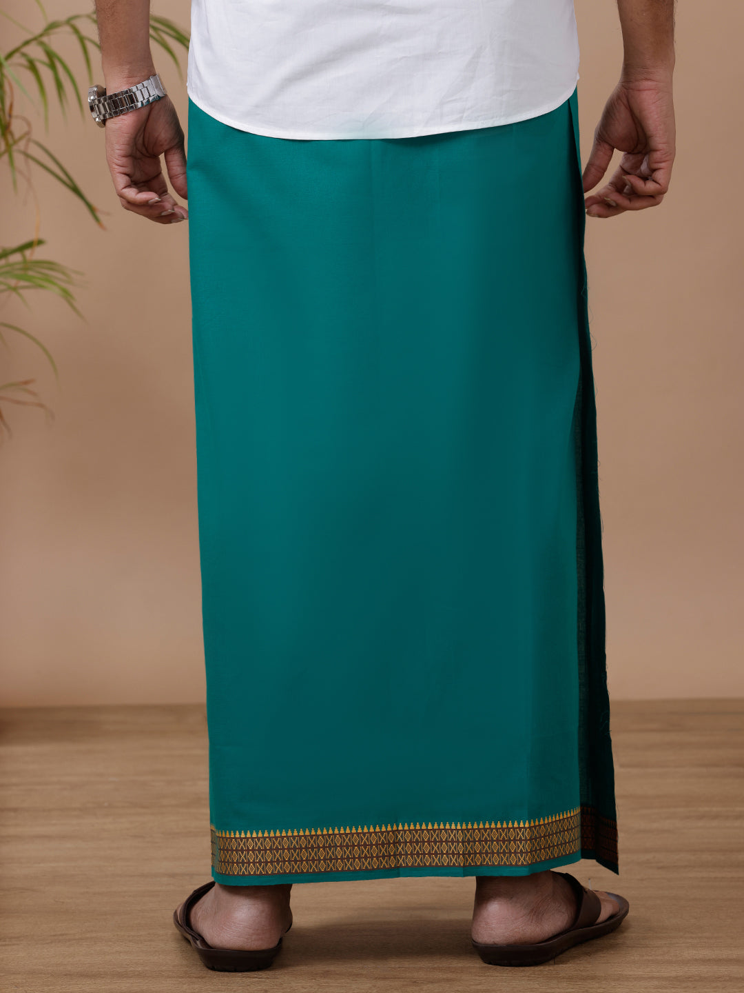Men Cotton Blend Single Layer Green Dhoti with Fancy Border Enchant Colour 2 EC03