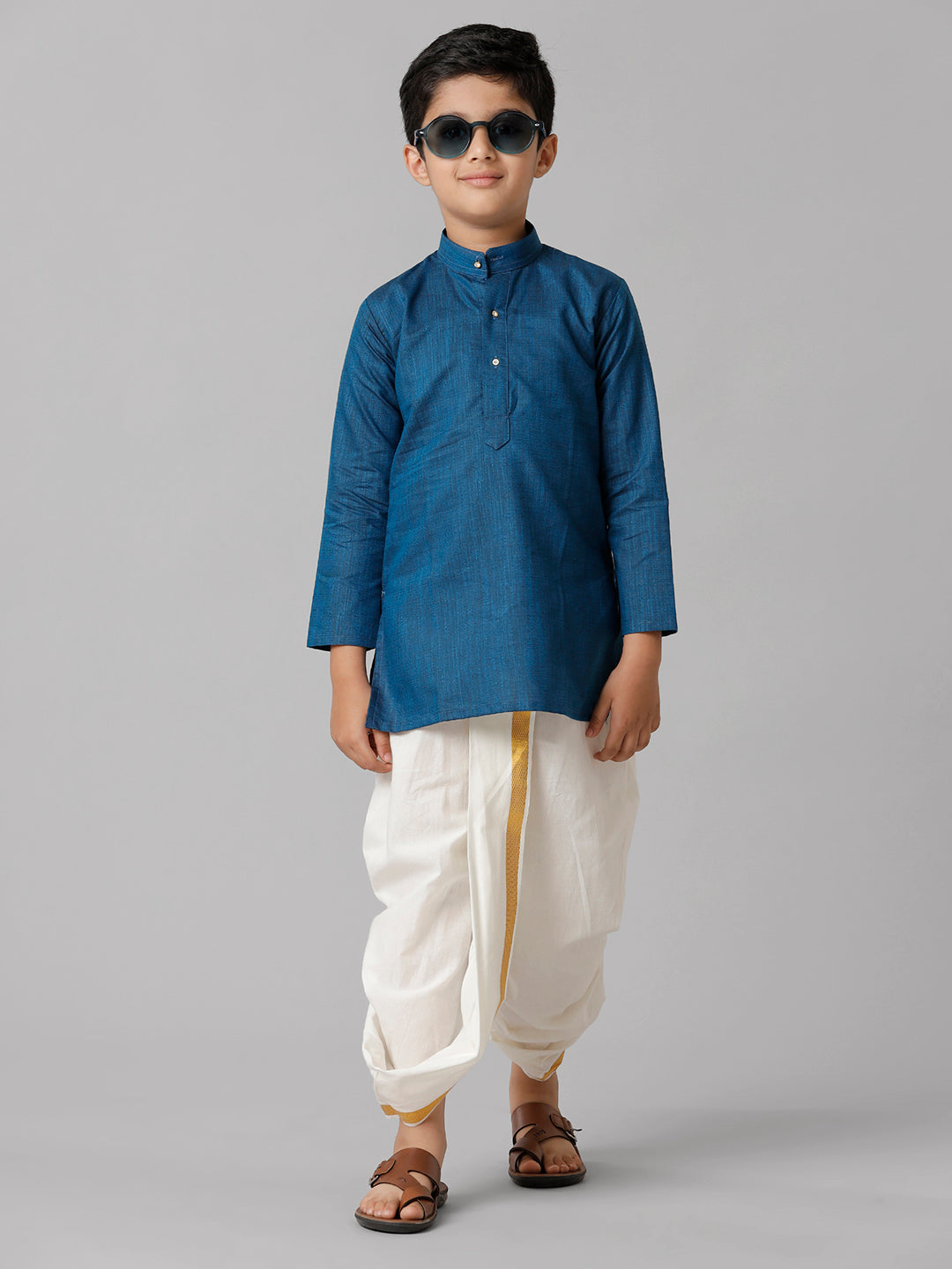Boys Cotton Navy Kurta with Cream Elastic Panchakacham Towel Combo FS8-Front view