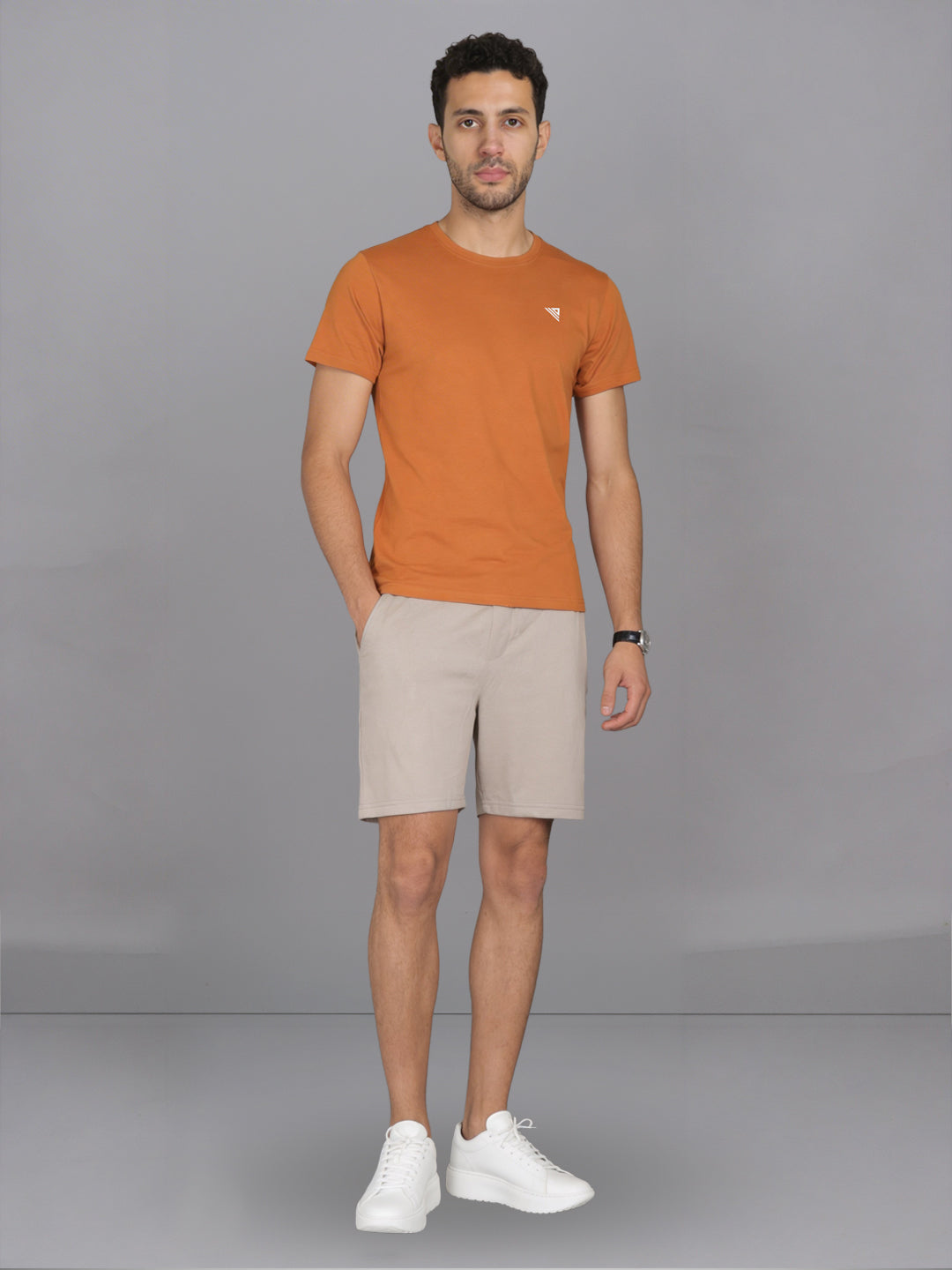 Men Mustard Crew neck T-Shirt with Beige Shorts Combo ES6